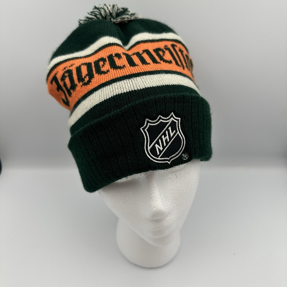 Jagermeister NHL‎ Knit Pom Beanie Green Orange Hockey Winter Hat Adult OSFA
